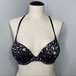Victorias Secret Push Up Bra 32D Gray Pink Leopard Very Sexy Lace Racerback Back